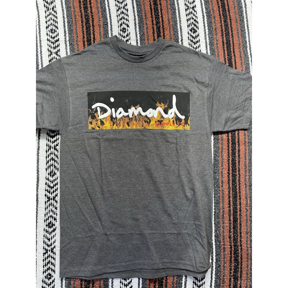 Diamond Supply Co Mens T-Shirt Size M Gray Flames Classic Logo